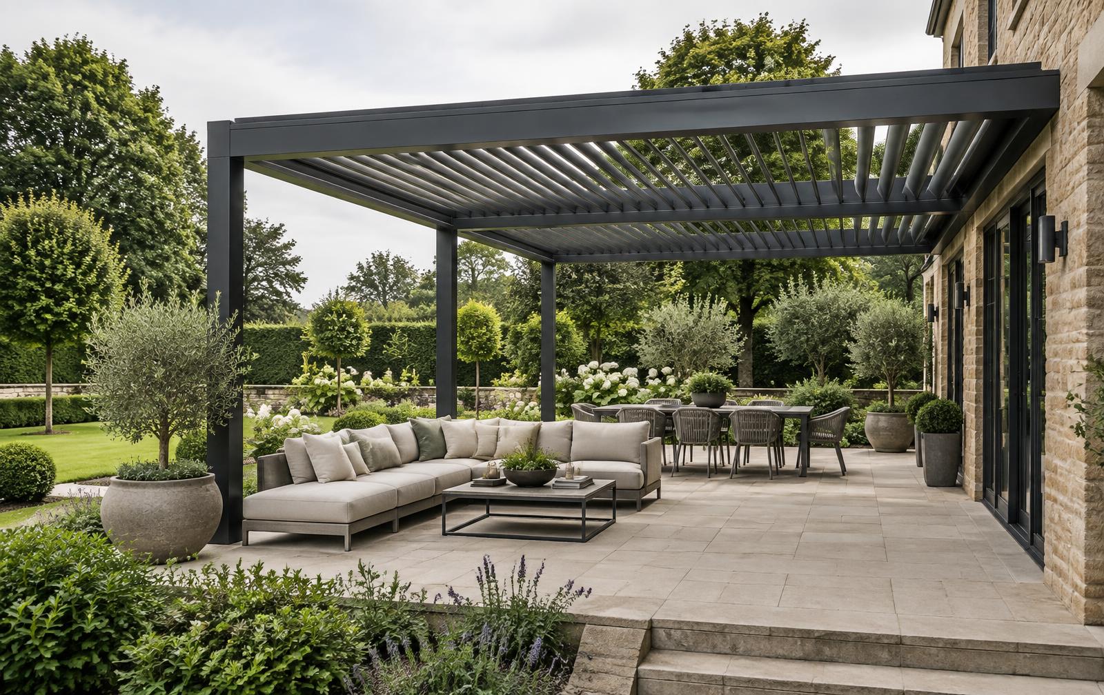 Illustrative anthracite aluminium pergola on a garden terrace